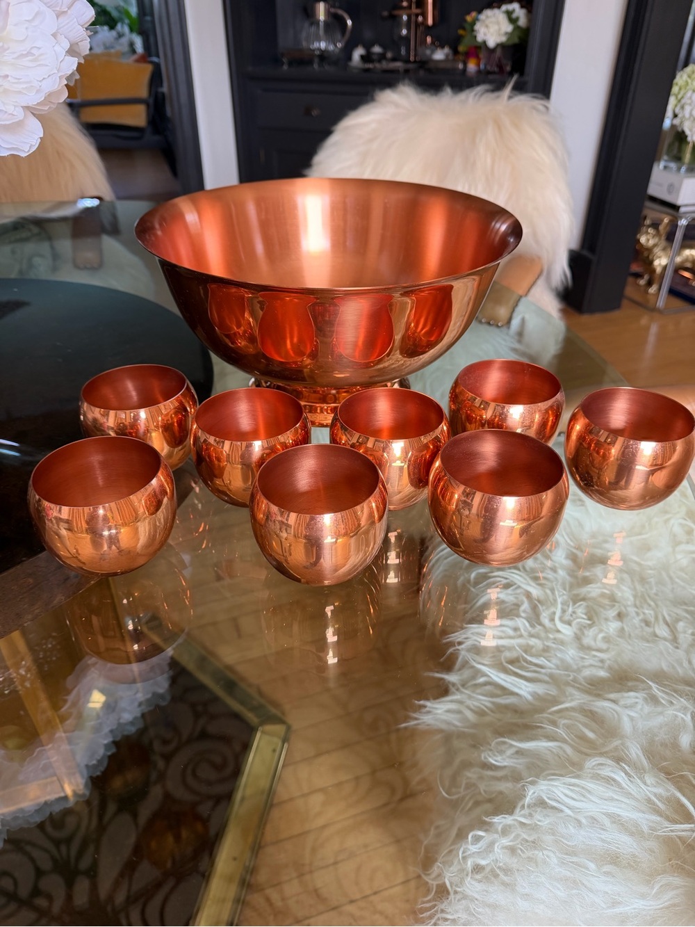 Copper Finish Punch Bowl and 8 Matching Cups - Polished Copper Tone